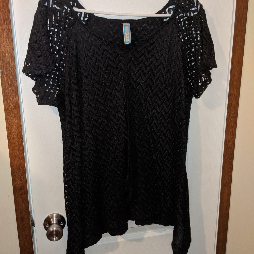 SALE Ashley Blue Black Lace Knit Crochet Short Sleeve Top Tunic Blouse